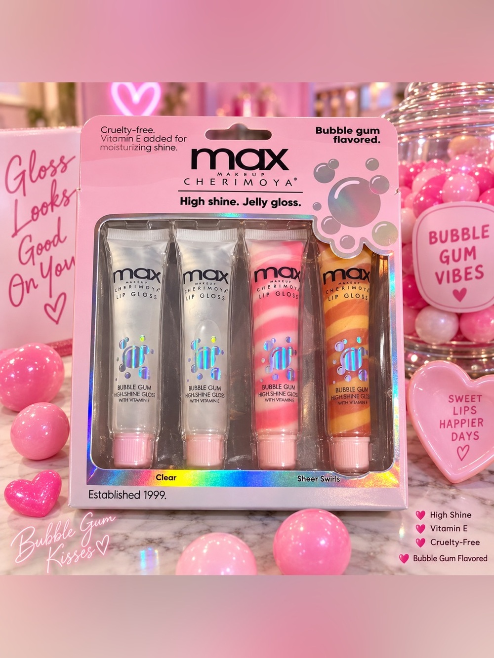 MAX Makeup Cherimoya Bubble Gum Lip Gloss 4-Piece Set NWT